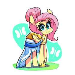 Size: 1961x1957 | Tagged: safe, artist:sourspot, character:fluttershy, species:pegasus, species:pony, episode:fake it 'til you make it, clothing, cute, dress, female, folded wings, looking at you, mare, smiling, solo, standing, three quarter view, warrior of inner strength, warriorshy, wings