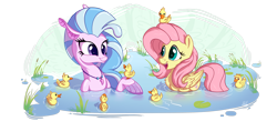 Size: 4000x1744 | Tagged: safe, artist:pirill, character:fluttershy, character:silverstream, species:duck, species:pegasus, species:pony, species:seapony (g4), episode:school daze, g4, my little pony: friendship is magic, cute, diastreamies, duck pony, duckling, female, flutterduck, pegaduck, shyabetes, simple background, transparent background