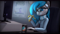 Size: 9600x5400 | Tagged: safe, artist:imafutureguitarhero, oc, oc:xenia amata, species:anthro, species:bat pony, 3d, absurd resolution, acer, banana, bat pony oc, bepis, black bars, chair, chromatic aberration, clock, clothing, computer, doors, eating, female, film grain, food, glasses, headphones, herbivore, hoodie, keyboard, monitor, nail polish, open mouth, painting, poster, puffy cheeks, scarf, sitting, soda can, solo, source filmmaker, wallpaper