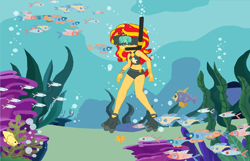 Size: 1876x1208 | Tagged: safe, artist:php43, edit, character:sunset shimmer, g4, my little pony: equestria girls, my little pony:equestria girls, belly button, bikini, blowing bubbles, bubble, clothing, female, fish, flippers, goggles, ms paint, ocean, reef, show accurate, snorkel, snorkeling, solo, swimsuit, underwater