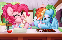 Size: 1024x667 | Tagged: safe, artist:kellythedrawinguni, character:pinkie pie, character:rainbow dash, species:earth pony, species:pegasus, species:pony, episode:secrets and pies, g4, my little pony: friendship is magic, alternate ending, alternate hairstyle, cute, dashabetes, diapinkes, duo, female, food, frosting, kitchen, mare