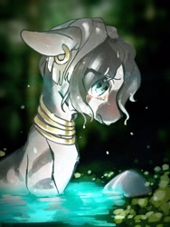 Size: 1200x1600 | Tagged: safe, artist:toki, character:zecora, species:pony, species:zebra, accessories, ear piercing, earring, female, jewelry, looking down, mare, piercing, solo, wet hair, wet mane