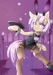 Size: 1450x2048 | Tagged: safe, artist:toki, oc, oc only, species:pony, species:unicorn, bunny ears, clothing, drink, female, mare, pantyhose, platter, semi-anthro, serving tray, solo, waitress