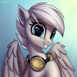 Size: 3000x3000 | Tagged: safe, artist:setharu, oc, oc only, oc:winter storm, species:pegasus, species:pony, blue eyes, commission, goggles, gray coat, gray mane, looking at you, smiling, solo