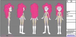 Size: 3879x1881 | Tagged: safe, artist:invisibleink, character:pinkie pie, my little pony:equestria girls, boots, clothing, commission, costume, fanfic, fanfic art, female, gloves, goggles, mask, model sheets, production art, shoes, smiling, solo, superhero, superhero humanized, turnaround