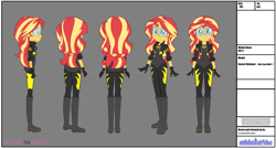 Size: 3501x1881 | Tagged: safe, artist:invisibleink, character:sunset shimmer, my little pony:equestria girls, boots, clothing, commission, costume, fanfic, fanfic art, female, gloves, goggles, jacket, leather jacket, mask, model sheets, production art, shoes, solo, superhero, turnaround