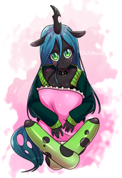 Size: 614x900 | Tagged: safe, artist:draltruist, character:queen chrysalis, species:anthro, species:changeling, species:unguligrade anthro, changeling queen, choker, clothing, cute, cutealis, female, looking at you, pillow, sad, signature, solo, spiked choker, stockings, thigh highs