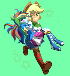 Size: 2500x2700 | Tagged: safe, artist:geraritydevillefort, character:applejack, character:rainbow dash, ship:appledash, my little pony:equestria girls, blushing, boots, bridal carry, carrying, clothing, compression shorts, cowboy hat, crossed arms, denim skirt, embarrassed, female, freckles, hat, jacket, lesbian, long hair, multicolored hair, one eye closed, shipping, shirt, shoes, skirt, smiling, stetson, sulking, t-shirt, wink, zettai ryouiki