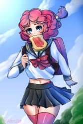 Size: 600x900 | Tagged: safe, artist:draltruist, character:pinkie pie, species:human, backpack, belly button, bread, clothing, cloud, cute, diapinkes, female, food, humanized, midriff, mouth hold, running, sailor uniform, school uniform, schoolgirl, schoolgirl toast, sky, solo, speedpaint available, toast, zettai ryouiki