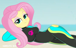 Size: 1024x643 | Tagged: safe, artist:danielitamlp, character:fluttershy, equestria girls:forgotten friendship, g4, my little pony: equestria girls, my little pony:equestria girls, adorasexy, backbend, beach, bedroom eyes, breasts, busty fluttershy, clothing, curvy, cute, draw me like one of your french girls, female, hand on hip, looking at you, lying down, sexy, shyabetes, smiling, solo, swimsuit, wetsuit