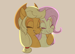 Size: 3000x2170 | Tagged: safe, artist:ogaraorcynder, character:applejack, character:fluttershy, species:pony, ship:appleshy, appleshybomb, bust, clothing, cowboy hat, eyes closed, female, hat, lesbian, mare, shipping, side hug, simple background, smiling, stetson