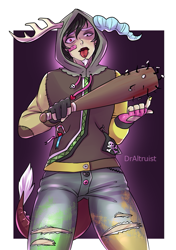 Size: 635x900 | Tagged: safe, artist:draltruist, character:discord, species:bat, species:human, bandaid, clothing, facial hair, fingerless gloves, gloves, goatee, hoodie, horned humanization, humanized, looking at you, male, open mouth, pants, solo, speedpaint available, tailed humanization, tongue out, torn clothes