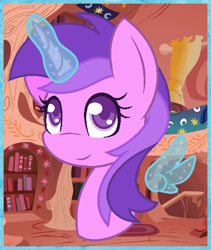 Size: 470x556 | Tagged: safe, artist:razorbladetheunicron, base used, character:amethyst star, character:sparkler, species:pony, species:unicorn, lateverse, alternate universe, artificial wings, augmented, aura, border, female, golden oaks library, magic, magic wings, smiling, solo, wings