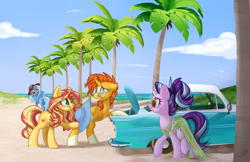 Size: 1024x662 | Tagged: safe, artist:kellythedrawinguni, character:starlight glimmer, character:sunburst, character:sunset shimmer, character:trixie, species:bird, species:pony, species:unicorn, g4, beach, bipedal, butt, car, clothing, cloud, cute, dress, eye contact, featured on derpibooru, female, hat, hoof hold, lidded eyes, looking at each other, looking back, male, mare, palm tree, plot, raised hoof, raised leg, see-through, sky, smiling, smirk, squee, stallion, sunburst gets all the mares, sundress, sunglasses, tree, underhoof, walking, water, waving