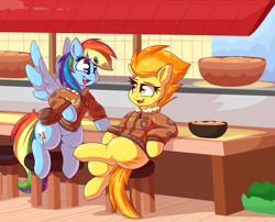 Size: 3617x2929 | Tagged: safe, artist:graphene, character:rainbow dash, character:spitfire, species:pegasus, species:pony, bomber jacket, clothing, commission, cute, cutefire, dashabetes, duo, female, flying, jacket, looking at each other, mare, sitting, smiling, stool