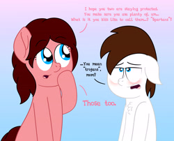 Size: 4500x3629 | Tagged: safe, artist:aarondrawsarts, oc, oc:brain teaser, species:pony, dialogue, embarrassed, female, male, mother, mother and son, mother's day, tumblr
