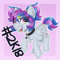 Size: 4000x4000 | Tagged: safe, artist:partylikeanartist, oc, oc only, oc:aerial soundwaves, species:pegasus, species:pony, abstract background, choker, eye clipping through hair, female, hairclip, heart eyes, looking at you, mare, multicolored hair, open mouth, ponytail, ponyvillefm, record, scrunchie, simple background, smiling, solo, wingding eyes