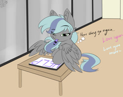 Size: 1200x949 | Tagged: safe, artist:aurorafang, oc, oc only, oc:cherishquill, species:pegasus, species:pony, dialogue, female, filly, flat colors, house, mare, marker, mute, whiteboard, window