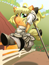 Size: 1800x2400 | Tagged: safe, artist:geraritydevillefort, character:applejack, species:earth pony, species:pony, alternate hairstyle, anime, artoria pendragon, caliburn, clothing, cosplay, costume, crossover, fate/grand order, fate/stay night, female, saber lily, solo, younger