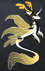 Size: 1914x3000 | Tagged: safe, artist:australian-senior, oc, oc only, oc:niomedes invictus, species:alicorn, species:dracony, species:kirin, species:pony, species:seapony (g4), alternate universe, antlers, colored hooves, colored sclera, curved horn, female, glados, golden eyes, gray background, hair bun, hybrid, kirindos, mare, merpony, portal (valve), seaponified, simple background, solo, species swap