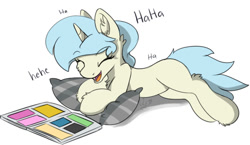 Size: 601x348 | Tagged: safe, artist:aurorafang, oc, oc only, oc:aurorascript, species:pony, species:unicorn, comic, comic book, daughter, female, filly, laughing, lying down, pillow, reading, solo