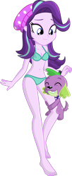 Size: 532x1309 | Tagged: safe, alternate version, artist:charliexe, character:spike, character:starlight glimmer, species:dog, ship:sparlight, my little pony:equestria girls, barefoot, bikini, breasts, clothing, feet, hug, leg hug, male, shipping, simple background, smiling, spike the dog, straight, swimsuit, transparent background