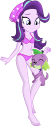 Size: 532x1309 | Tagged: safe, alternate version, artist:charliexe, character:spike, character:starlight glimmer, species:dog, ship:sparlight, my little pony:equestria girls, barefoot, beanie, bikini, breasts, clothing, cutie mark on clothes, feet, hat, hug, hundreds of users filter this tag, leg hug, male, shipping, simple background, spike the dog, straight, swimsuit, transparent background