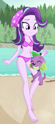 Size: 632x1409 | Tagged: safe, alternate version, artist:charliexe, character:spike, character:spike (dog), character:starlight glimmer, species:dog, ship:sparlight, my little pony:equestria girls, barefoot, beach, beanie, belly button, bikini, breasts, clothing, collar, cutie mark on clothes, duo, eyes closed, feet, forest, hat, hug, leg hug, male, sand, shipping, sky, smiling, stick, straight, swimsuit, tree, water