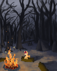 Size: 800x1000 | Tagged: dead source, safe, artist:celestiawept, character:scootaloo, species:pegasus, species:pony, alone, campfire, female, filly, forest, looking at something, solo