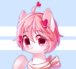 Size: 1600x1450 | Tagged: safe, artist:leafywind, oc, oc only, species:pony, abstract background, bust, clothing, colored pupils, ear fluff, female, heart, looking at you, mare, portrait, scarf, smiling, solo, starry eyes, wingding eyes
