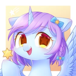 Size: 2000x2000 | Tagged: safe, artist:leafywind, oc, oc only, species:alicorn, species:pony, abstract background, alicorn oc, braid, bust, colored pupils, female, floppy ears, flower, flower in hair, looking at you, mare, open mouth, portrait, raised hoof, smiling, solo, spread wings, starry eyes, stars, wingding eyes, wings