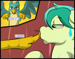 Size: 2350x1850 | Tagged: safe, artist:flash_draw, character:gallus, character:sandbar, species:earth pony, species:griffon, species:pony, comic:boring days, ship:gallbar, boop, comic, dialogue, explicit series, gay, interspecies, male, nervous, offscreen character, shipping, sitting, surprised, sweat, sweatdrop, tongue out