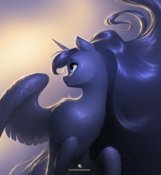 Size: 2716x2965 | Tagged: safe, artist:katputze, character:princess luna, species:alicorn, species:pony, cheek fluff, chest fluff, cute, ear fluff, female, fluffy, gradient background, leg fluff, looking back, looking up, lunabetes, mare, missing accessory, raised hoof, shiny, shiny mane, shoulder fluff, sitting, smiling, solo, sparkles, spread wings, wing fluff, wings