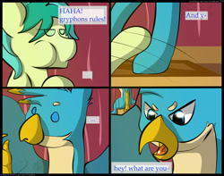 Size: 2350x1850 | Tagged: safe, artist:flash_draw, character:gallus, character:sandbar, species:earth pony, species:griffon, species:pony, comic:boring days, ship:gallbar, comic, dialogue, explicit series, gay, interspecies, male, offscreen character, shipping, sitting, surprised, sweat, sweatdrop, tongue out