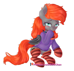 Size: 2800x2700 | Tagged: safe, artist:eifiechan, oc, oc only, oc:grem, species:bat pony, species:pony, adorable face, bat pony oc, blushing, clothing, collar, cute, female, hoodie, mare, patreon, patreon logo, simple background, smiling, socks, solo, striped socks, transparent background