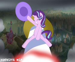 Size: 1024x856 | Tagged: safe, artist:danielitamlp, character:starlight glimmer, species:pony, species:unicorn, clothing, dr. strangelove, eyes closed, female, grin, hat, parody, ponyville, riding, riding a bomb, rocket, show accurate, smiling, solo, sweet apple acres, this will end in tears and/or death, toy interpretation, trixie's hat, trixie's rocket, waving