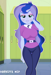 Size: 1024x1491 | Tagged: safe, artist:danielitamlp, character:princess luna, character:vice principal luna, my little pony:equestria girls, arm behind head, blushing, breasts, busty princess luna, canterlot high, female, lockers, show accurate, solo, vice principal luna