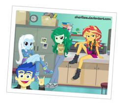 Size: 1363x1161 | Tagged: safe, artist:charliexe, character:flash sentry, character:sunset shimmer, character:trixie, character:wallflower blush, equestria girls:forgotten friendship, g4, my little pony: equestria girls, my little pony:equestria girls, angry, annoyed, boots, clothing, crossed legs, female, frown, high heel boots, hoodie, leather, leather vest, legs, looking at you, pants, photo, photobomb, schrödinger's pantsu, shoes, skirt, skirt lift, smiling, socks, sunset shimmer is not amused, sweater, thighs, unamused, upskirt denied, wallflower is not amused