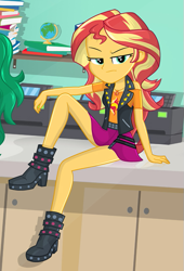 Size: 437x641 | Tagged: safe, alternate version, artist:charliexe, edit, character:sunset shimmer, equestria girls:forgotten friendship, g4, my little pony: equestria girls, my little pony:equestria girls, annoyed, boots, clothing, dutch angle, female, high heel boots, leather, leather vest, legs, looking at you, schrödinger's pantsu, shoes, skirt, skirt lift, solo, sunset shimmer is not amused, unamused