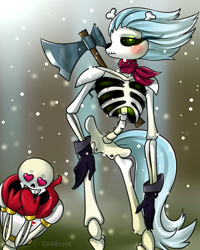 Size: 720x900 | Tagged: safe, artist:draltruist, character:skellinore, species:anthro, episode:the break up break down, axe, blushing, bone, clothing, crossover, crossover shipping, female, gloves, male, papyrus (undertale), shipping, skeleton, straight, undertale, weapon