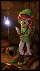 Size: 5400x9600 | Tagged: safe, artist:imafutureguitarhero, character:sunset shimmer, species:anthro, species:pony, species:unguligrade anthro, species:unicorn, 3d, absurd resolution, blade, boots, border, broken sword, cap, chromatic aberration, clothing, costume, crossover, duo, ear piercing, earring, elf hat, fairy, female, film grain, floating, freckles, hat, holding, hylian shield, jewellry, jewelry, leather boots, link, link's hat, link's tunic, mare, multicolored hair, navi, nose wrinkle, piercing, pot, rupee, sand, scabbard, shield, shoes, signature, socks, source filmmaker, strap, sword, the legend of zelda, the legend of zelda: ocarina of time, tights, tunic, uh oh, vertical, wall of tags, weapon