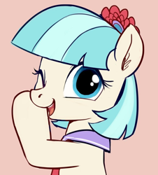 Size: 776x859 | Tagged: safe, artist:luciferamon, character:coco pommel, species:earth pony, species:pony, cocobetes, cute, female, looking at you, mare, one eye closed, simple background, solo, spoiler alert, wink