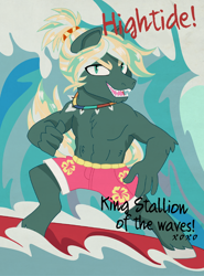 Size: 880x1192 | Tagged: safe, artist:dbkit, oc, oc:hightide, parent:dumbbell, parent:rainbow dash, parents:dumbdash, species:anthro, clothing, jewelry, necklace, next generation, offspring, shark teeth, shorts, surfboard, surfing, water
