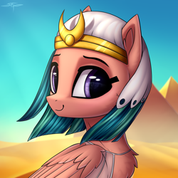Size: 3000x3000 | Tagged: safe, artist:setharu, character:somnambula, species:pegasus, species:pony, g4, chest fluff, desert, female, looking at you, mare, pyramid, smiling, solo