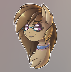 Size: 934x941 | Tagged: safe, artist:capseys, oc, oc only, oc:dawnsong, species:earth pony, species:pony, brown background, bust, chest fluff, choker, female, glasses, gray background, looking at you, looking sideways, mare, octavia background, simple background, smiling, solo