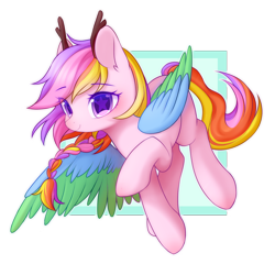 Size: 2000x2000 | Tagged: safe, artist:leafywind, oc, oc only, species:pegasus, species:pony, abstract background, antlers, braid, colored pupils, colored wings, ear fluff, female, mare, multicolored hair, simple background, smiling, solo, spread wings, starry eyes, transparent background, two toned wings, wingding eyes, wings