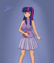 Size: 2098x2443 | Tagged: safe, artist:wolfy-pony, character:twilight sparkle, species:human, clothing, cute, female, humanized, legs, moe, pleated skirt, skirt, smiling, solo