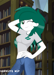 Size: 1293x1811 | Tagged: safe, artist:danielitamlp, oc, oc only, oc:conalep, my little pony:equestria girls, arm behind head, belly button, blushing, bookshelf, breasts, clothing, equestria girls-ified, female, library, midriff, one eye closed, short shirt, smiling, solo, wink