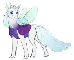 Size: 1386x1128 | Tagged: safe, artist:vindhov, oc, oc only, parent:rarity, parent:thorax, species:changepony, species:pony, adoptable, blue eyes, digital art, fangs, female, horn, horns, hybrid, insect wings, interspecies offspring, male, multiple horns, next generation, offspring, parents:rarirax, simple background, smiling, solo, transparent wings, white background