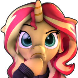Size: 2160x2160 | Tagged: safe, artist:imafutureguitarhero, character:sunset shimmer, species:pony, species:unicorn, my little pony:equestria girls, 3d, adidas, alternate hairstyle, bust, clothing, contemplating, digital art, emoji, equestria girls ponified, female, floppy ears, freckles, high res, hoodie, hoof on chin, mare, nose wrinkle, outline, ponified, raised eyebrow, simple background, solo, source filmmaker, square, thinking, thinking emoji, tracksuit, transparent background